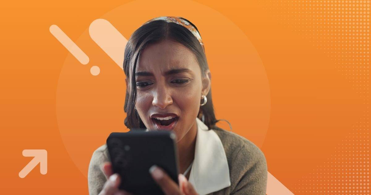 disgusted woman looking at job scam on phone
