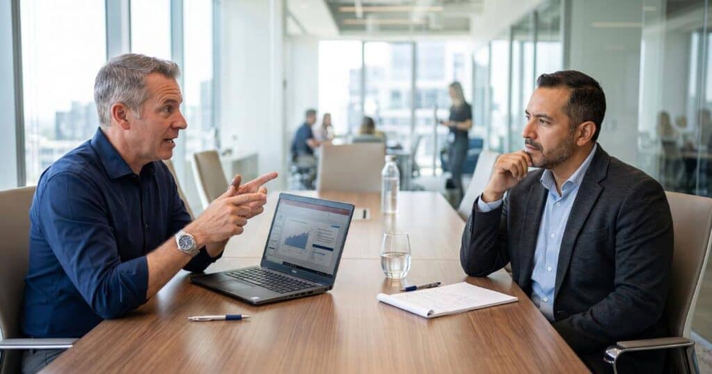 Search consultant and manufacturing executive discussing hiring strategy
