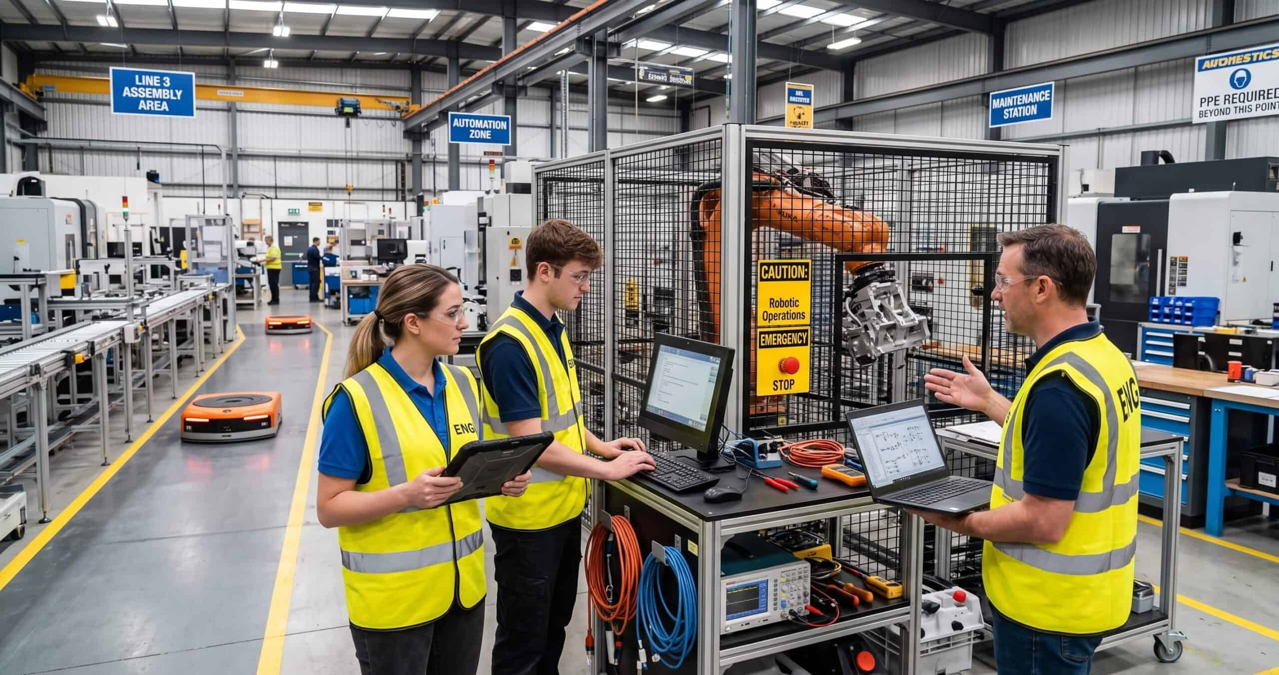Engineers working with robotics and automation controls in a manufacturing facility